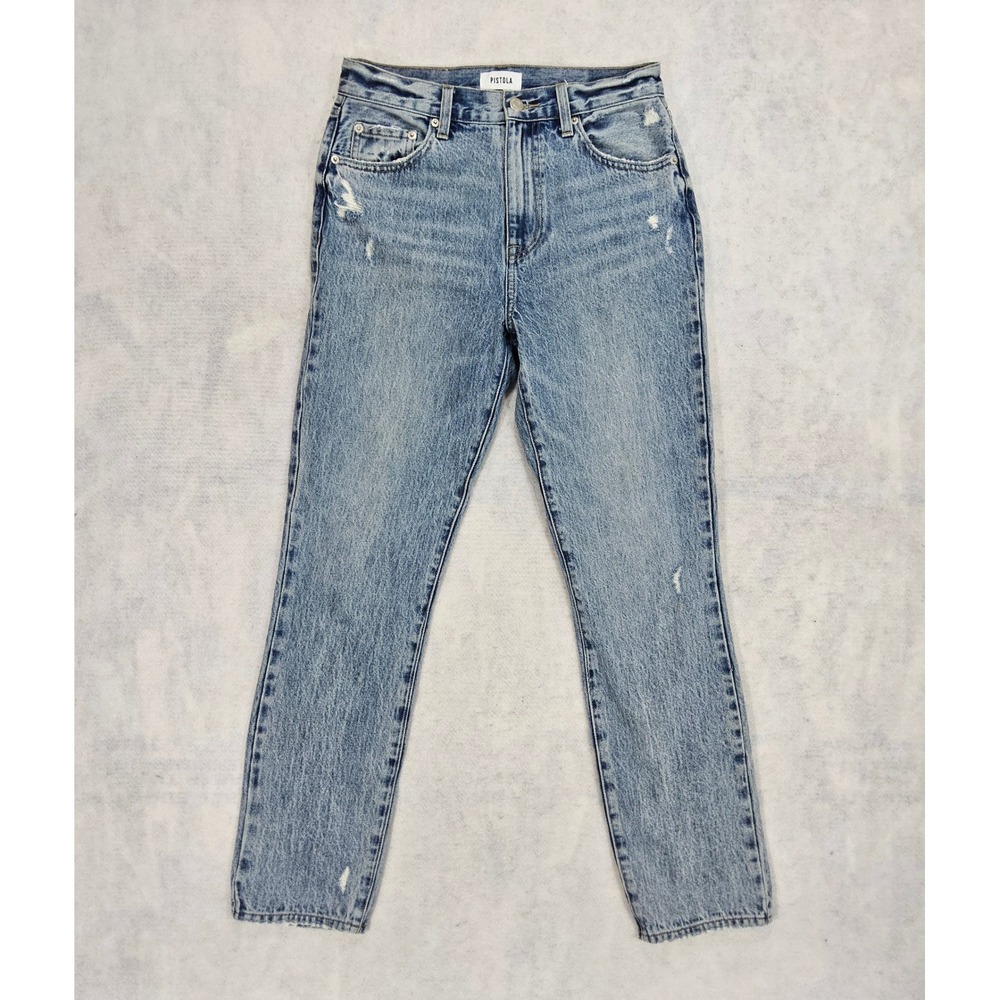 Pistola Jeans Women 26 Straight Leg Distressed Ankle Crop Light Blue Acid Wash